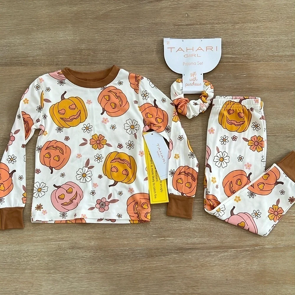 🎃 Tahari Girl Halloween Fall Pumpkin Pajama Set Long Sleeve Scrunchie 2T 3T 4T